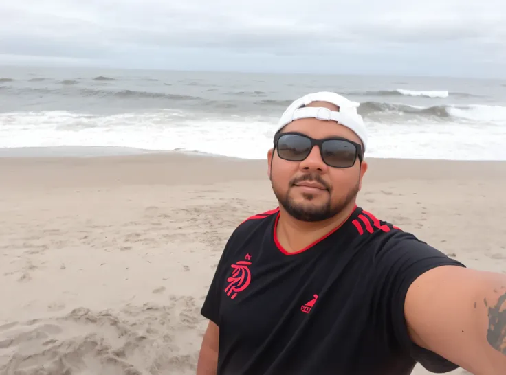 Theres a man taking a selfie on the beach, O oceano ao fundo, foto de praia, oceano ao fundo, posando em uma praia com o oceano, em uma praia, na praia, na praia, no mar, standing at the beach, Fotografia selfie 8k, the sea and storms behind him, standing ...