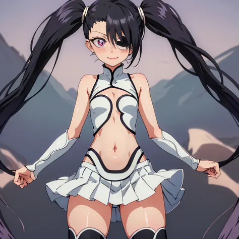 outdoor,desert,high quality,Masterpeace,Loly_Aivirrne, 1girl, solo, long hair, white miniskirt, black hair, black thigh boots, navel, twintails, flat chest, pleated skirt, zettai ryouiki, eyepatch, center opening, midriff, cleavage, clothing cutout, purple...