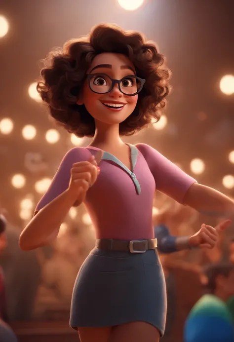 Pixar style image with 3D character white glasses brunette woman short curly hair dancing, Maquiagem Disney,Pescador, bonitinho, sorridente ,Close-up, Pixar, Disney, Cinema lighting,