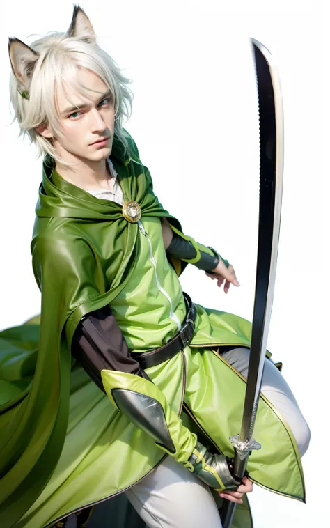 White haired man with cat ear in green outfit holding a sword and wearing a green cape,