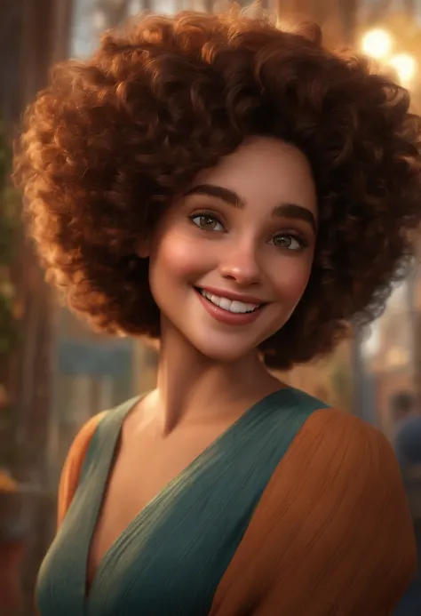 "(best quality,ultra-detalhado,Realistic:1.37),3D rendering,design de personagens,medium and dark curly hair,belos olhos detalhados,Estilo Pixar, pele clara mulher, atmosfera animada,vivid colors,luzes de palco,expression joyful"