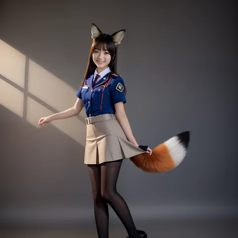 There is a woman in uniform with a fox tail, top-quality,　a picture, A smile, cute little, slender, No fox ears, The tail is inside the skirt,oval-face,18yo woman