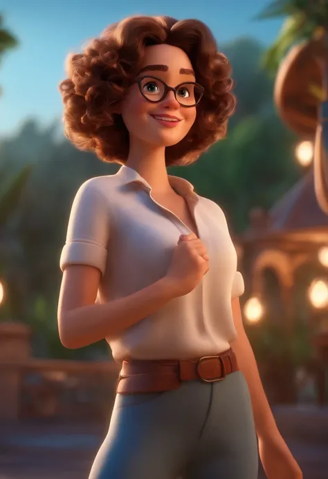 Pixar style image with 3D character white glasses brunette woman short curly hair dancing, Maquiagem Disney,Pescador, bonitinho, sorridente ,Close-up, Pixar, Disney, Cinema lighting,