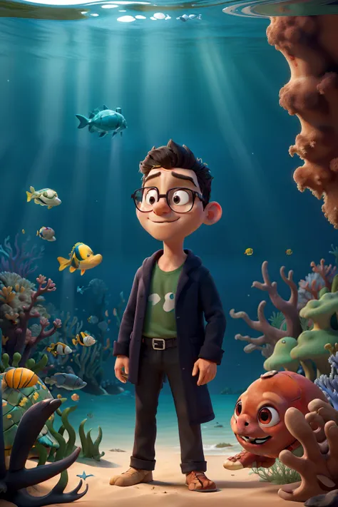 Create an amazing illustration for the cover of a movie called Gabriel and the Sea Turtle Fungi. A cena apresenta um jovem de costas, Gabriel, com pele negra, Glasses and black hair, Wearing a black lab coat. He is standing in a magical environment at the ...