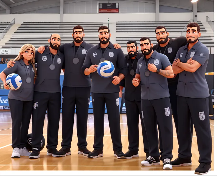 Uma mulher de cabelo longo e loiro, um homem careca e barba grisalha, um homem calvo cabelo preto e barba preta, The man in the middle is tall, com cabelos grisalhos e barba grisalha, um homem baixo de cabelo preto e barba preta, um homem baixo de cabelo c...