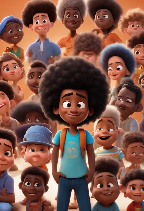 Um menino negro, cabelo afro, Feliz, fundo branco, Child, Tom, Estilo Pixar, ......3d, Cartoon, Rosto detalhado, asymmetrical 16k