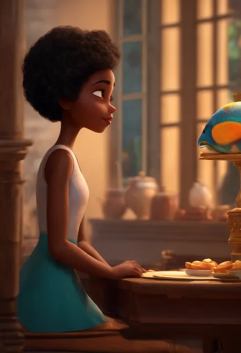 Um filme inspirado na Disney Pixar (MENINA NEGRA JOVEM COM CABELO LONGO CACHEADO PRETO) dentro A cena estar na arte distinta do estilo PIXAR, descolada e estilosa