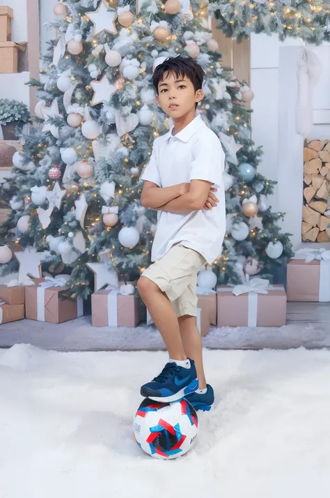 Boy standing on a soccer ball in front of a Christmas tree, cabelo liso, foto comercial do brinquedo, Standing on a soccer ball, Usando Nike Air Mags, imagem interna, catalog photo, advertising photo, holiday season, cabrito, menino novo, foto de retrato d...