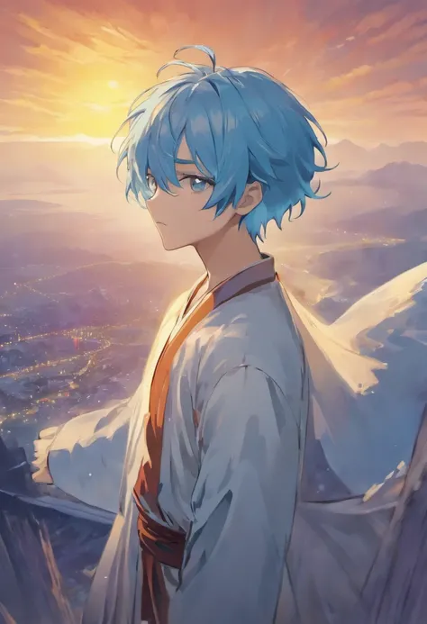 Beautifully drawn, High quality, Ultra-detailed CG illustration of a young man with a calm expression, Gaze into the distance，His striking light blue hair fluttered gently in the desert breeze. The landscape behind him is vast and breathtaking, Transports ...