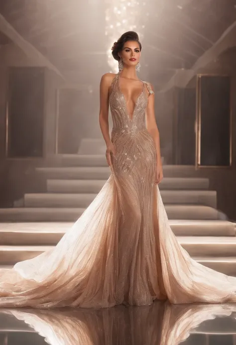 beautiful woman wearing a sexy evening gown, background stage miss universe, walking, Sexy crystal evening gown