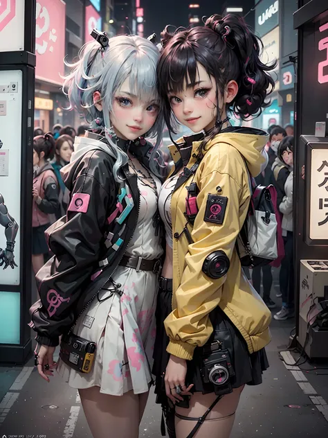 Anime masterpiece, best quality, (((2 smiling teenaged cyberpunk girls ((wearing detailed Harajuku tech jackets)) standing together taking selfie portrait))), (((Harajuku cyberpunk clothing)))), bold colors and patterns, eye-catching accessories, trendy an...