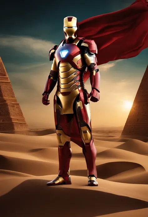 Image of Iron Man inspired by a Dubai with clothes and things typical of the Arab from the time of the pyramids, Ultra sharp, imagem premium com o Museu do Futuro ao fundo, arte conceitual, fantasia sombria, 插圖, poster