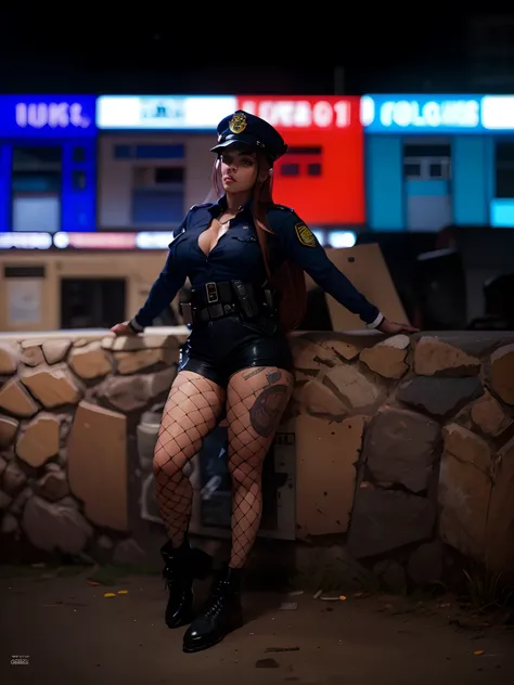 Sexy girl in police uniform, handcuffs, Against the background of the police station, Short shorts, plaid tights