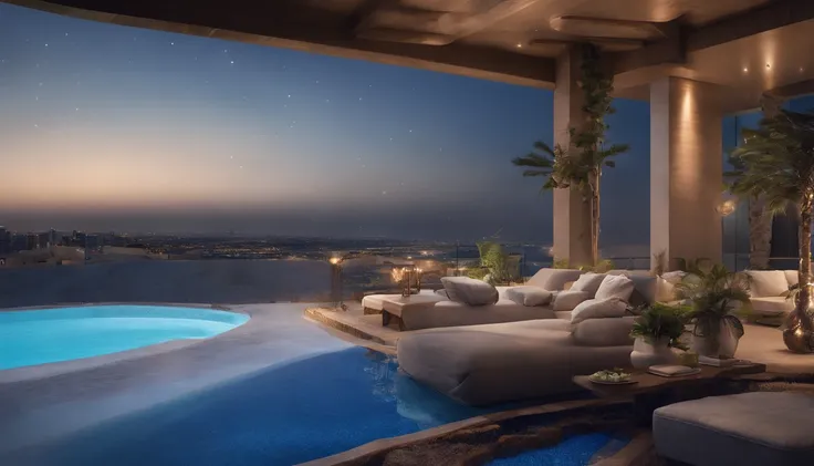 (((Night in Dubai))),((Tower Hotel)),Mountains and seas in the distance,((The outdoor living room on the hill is a large open veranda)),Moody ocean blue pool,((A strong blue light lit up from the bottom of the pool envelops the area)),(High-quality floorin...