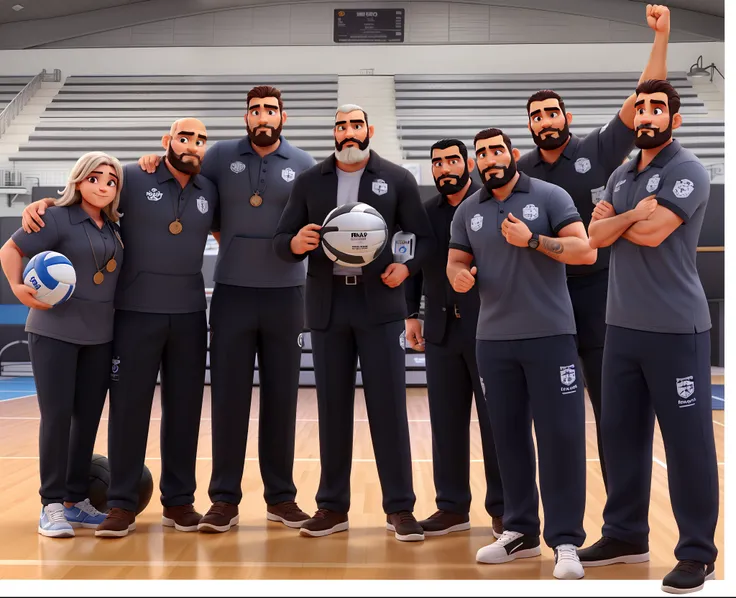 Uma mulher de cabelo longo e loiro, um homem careca e barba grisalha, um homem calvo cabelo preto e barba preta, The man in the middle is tall, com cabelos grisalhos e barba grisalha, um homem baixo de cabelo preto e barba preta, um homem baixo de cabelo c...