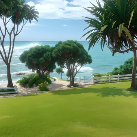 3d animation cartoon background of this scene, beautiful beach , there is a white fence made of concrete, lots of plants near the fence, the grass is bright green, The sea water is bright blue and the waves are beautiful, the sky is blue with lots of cloud...