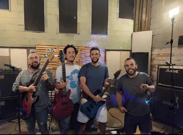 Theres four men together with guitars in a recording studio, holding electric guitars, segurando guitarras, badass composition, explosions in the background, explosions on the background, in a studio hollow, with leviathan axe, In the background, Feliz!!!,...