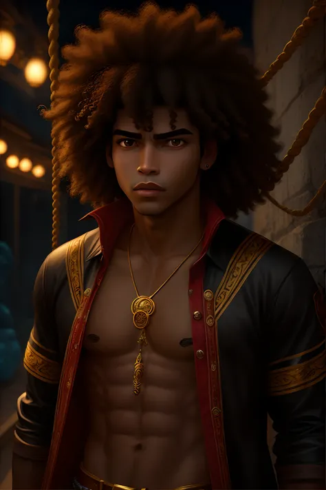 Um garoto negro, cabelo afro cacheado, regata branca, Golden Thin Cord with Cross Pendant, estilo disney pixar, alta qualidade, melhor qualidade. Gay