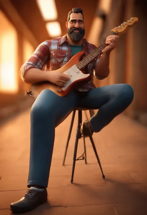 Personagem dos desenhos animados, Rufus o Lenhador, com barba com camisa xadrez, roqueiro, tocando Guitarra Stratocaster, White man standing, animation character, Caractere estilizado, animation style rendering, 3D estilizado, Arnold Maya render, 3 d rende...