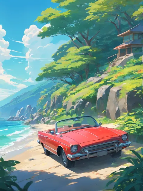 Painting of a red convertible car at a ultra modern bungalow with rocks and lush vegetation, beach in the background, california, Anime background art, Anime landscape, Highly detailed illustration, anime style cityscape, Makoto Shinkais style, anime backg...