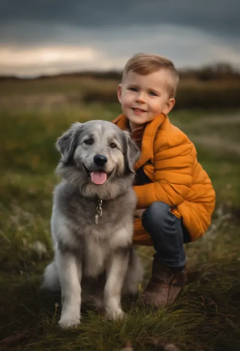 Little boy with 4 years old with his dog a gray schenauzer vc