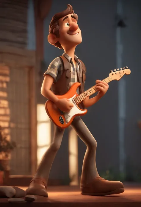 Personagem dos desenhos animados, Rufus o Lenhador, gordinho com barba com camisa xadrez, roqueiro, tocando Guitarra Stratocaster, White man standing, animation character, Caractere estilizado, animation style rendering, 3D estilizado, Arnold Maya render, ...