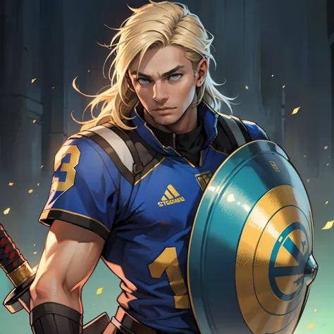 a strong tall man with a Spartan-style sword and round shield, supporting a blue and yellow football club, (best quality, 4k, highres, masterpiece:1.2), ultra-detailed, realistic:1.37, portraits, vivid colors, studio lighting, sharp focus