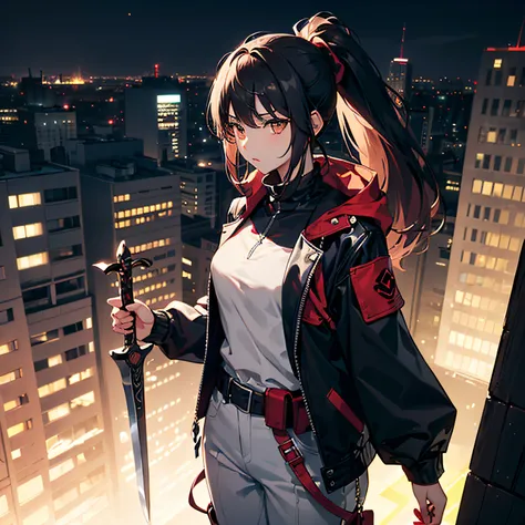 (((best quality, masterpiece))), (sfw:1.5),1girl, teenage, cute face, magical demon hunter in plain clothes, shoulder length hair, black hair, ponytail, focused expression, ((normal black jacket with red accents, tight white inner shirt, covered upper body...