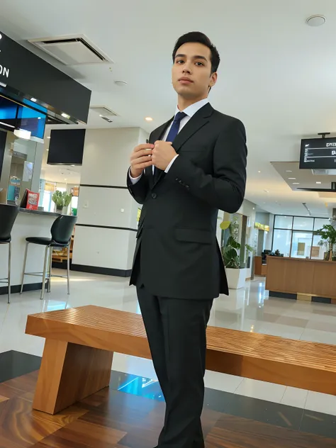 Man in suit and tie standing in lobby, em terno estrito, em seu terno, em um terno estrito, wearing business suit, with a business suit on, vestindo um terno preto, wearing a strict business suit, wearing a business suit, vestindo terno preto, in a busines...