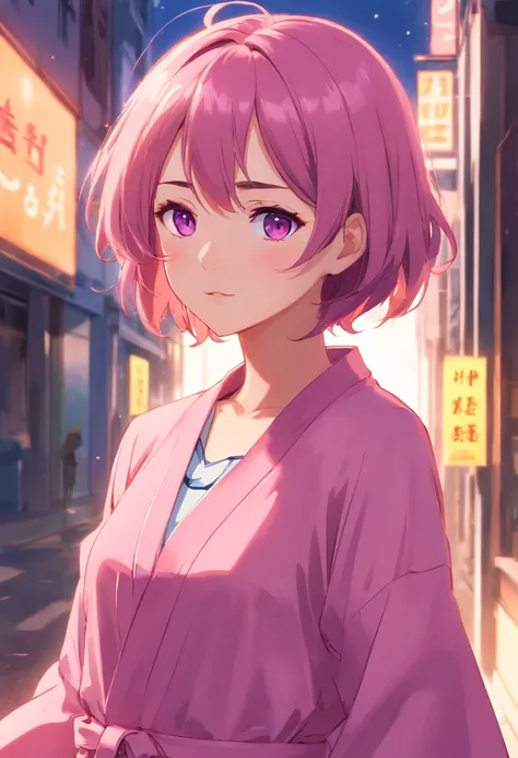 Anime lola, Refund 6 years, Short hair, Hair pink, Four Extra Long Hairs, violet eyes, pajama dress, blue dress, purple jacket, long-sleeved jacket,