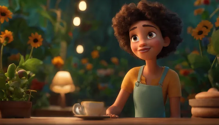 expressions, vibrant colors and constructed textures characteristic of his animations, entitled “Samy”. A Disnei Pixar-inspired movie post titled “Samy.” story of a woman with a delicate appearance, big curly hair, blonde and gray, big brown eyes and freck...