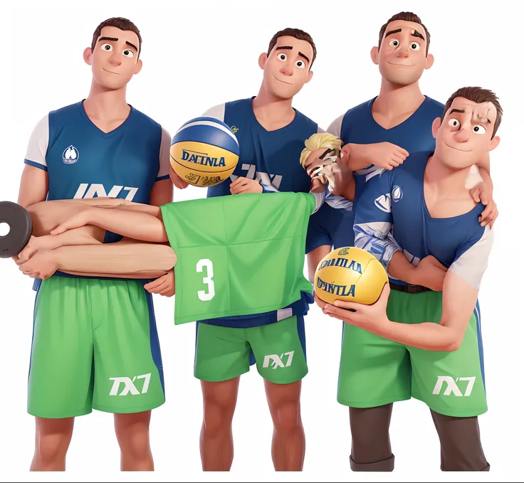 Pixar Poster Style Three men in green and blue uniforms holding a basketball, wearing a volleyball jersey, Altura total, corpo inteiro, corpo inteiro, Foto comercial, sem antecedentes, Equipe completa, imagens promocionais, corpo inteiro, Volleyball, mediu...