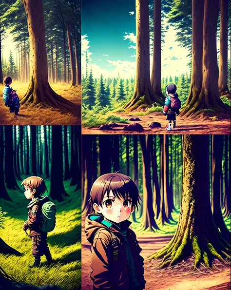 4 photos of a child adventuring in the forest in chronological order with an anime taste