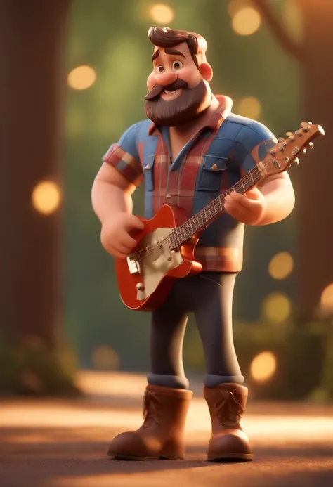 Cartoon character, Rufus the Lumberjack, chubby guy with beard in plaid shirt, rocker, playing Stratocaster Guitar, Standing white man, animation character, Stylized character, animation style rendering, 3d stylized, Arnold Maya render, 3 d render stylized...