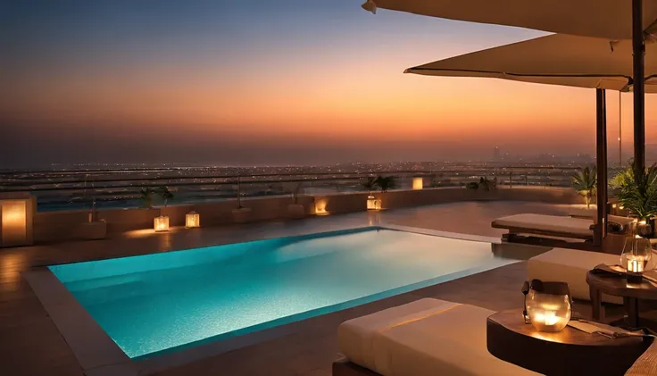 (((Sunset in Dubai)),((Tower Hotel)),The stunning night view is super beautiful.,((The outdoor living room on the hill is a large open veranda)),Moody ocean blue pool,((A strong blue light lit up from the bottom of the pool envelops the area)),(High-qualit...