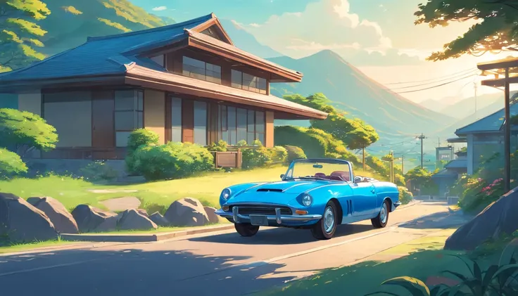 Painting of a silver blue convertible car at a ultra modern bungalow with rocks and lush vegetation, mountains in the background, california, Anime background art, Anime landscape, Highly detailed illustration, anime style cityscape, Makoto Shinkais style,...