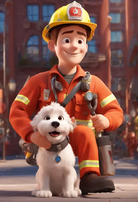 Estilo Pixar: A firefighter is holding a curly-haired boy and in his other hand he is holding a white dog ,3D Poster,Disney