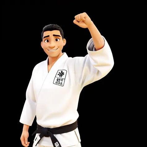 A Judo Teacher, alto, branco, de cabelo curto e preto, sorrindo, of ears and medium nose, sobrancalhas meio grossas, vestindo kimono branco, with black belt and raising his arm in celebration