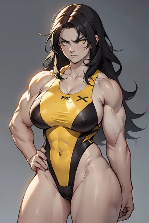 (1girl) pale skin huge breasts (muscular)) toned body thick thighs black hair yellow eyes (swimsuit long hair grey background) bodybuilder angry