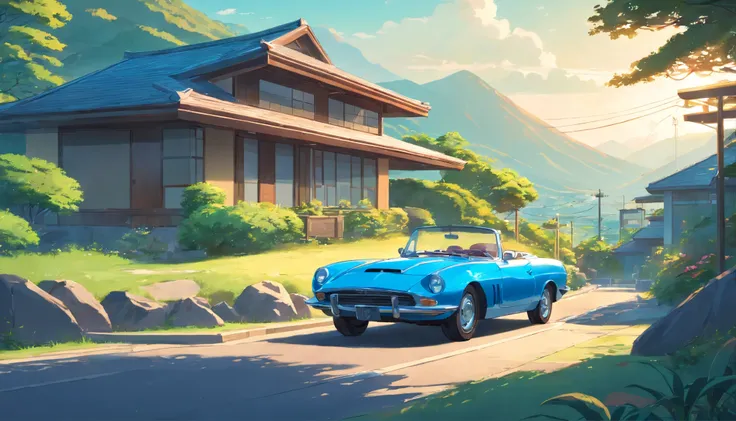 Painting of a silver blue convertible car at a ultra modern bungalow with rocks and lush vegetation, mountains in the background, california, Anime background art, Anime landscape, Highly detailed illustration, anime style cityscape, Makoto Shinkais style,...