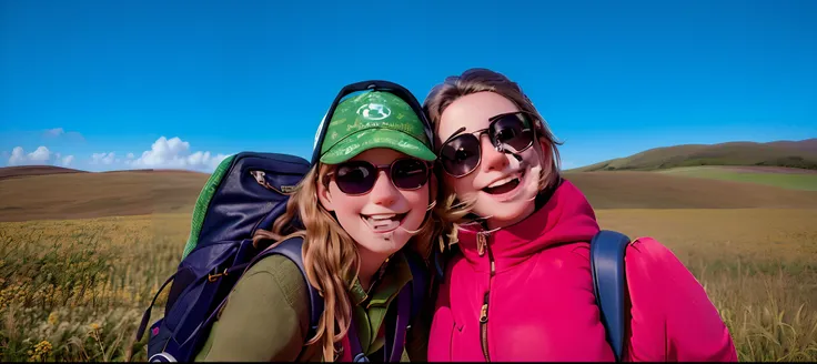 Its two women standing in a field with a backpack, Directed by: Helen Stevenson, Amanda Lilleston, both smiling for the camera, Divertindo-se ao sol, last photo, foto mid shot, olhando parcialmente para a esquerda, com rostos molhados!!, exclusivo, not cro...