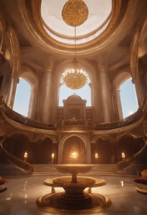 There is a large room with a staircase and a circular staircase, Futuristic Persian Palace, Motor irreal CGSetivity, Sala do trono primorosamente projetada, unreal engine render, Motor Unreal 5 : :, futuristic palace, renderizado em lumion, Unreal Engine H...