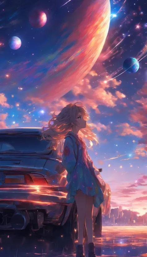 Woman leaning against car.hair is long. A wistful look.profile.Fantastic sky. crystal clear skies.Floating stars and planets.Fantastic.High quality down to the smallest detail. fantastic landscape . People are far away