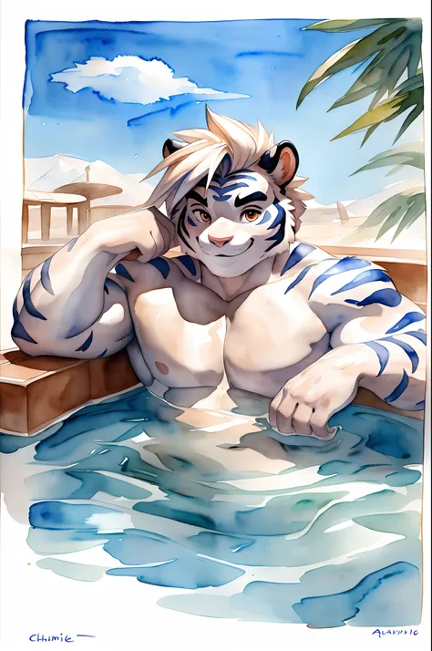 Hominidae, Pose for Camera. 4K, high resolution, Best quality, posted on e621, (Solo:1.2), Anthropomorphic white tiger, male people, 20yr old, Thick eyebrows, Light blue stripes, Strong body, large pecs, ((Shirtless)), The lower body is covered with a whit...