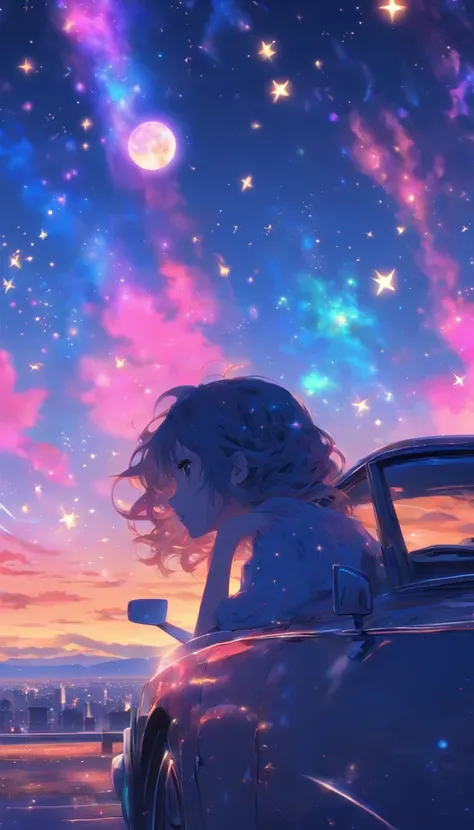 Woman leaning against car.hair is long. A wistful look.profile.Fantastic sky. crystal clear skies.Floating stars and planets.Fantastic.High quality down to the smallest detail. fantastic landscape . People are far away