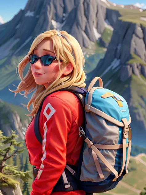 blond woman with a backpack on a mountain top looking at the camera, hiking clothes, corinne day, karolina cummings, aleksandra waliszewska, wearing adventuring gear, caroline gariba, victoria siemer, profile shot, profile image, solo hiking in mountains t...