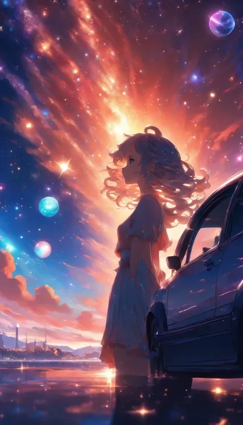 Woman leaning against car.hair is long. A wistful look.profile.Fantastic sky. crystal clear skies.Floating stars and planets.Fantastic.High quality down to the smallest detail. fantastic landscape . People are far away