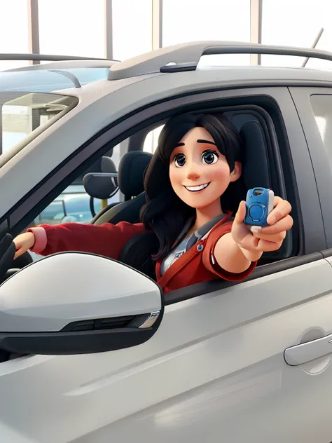 a woman with Volkswagen key in her hand and smiling inside the car