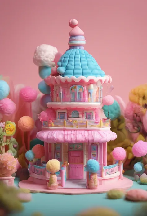 Cotton candy house Gloria Studio, The garden is full of cotton candy, Clay material, Cartoonish design style, POP MART, Soft lighting, smooth lines, Tilt-shift lens, Detailed sci-fi illustrations, super realistic details, warm color