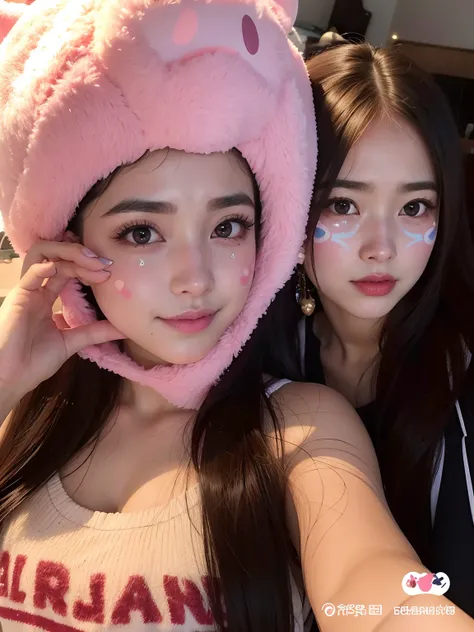 Two girls with face paint and a pink pig hat, dilraba dilmurat, tzuyu de duas vezes, Ulzzang, com orelhas de coelho grandes, com orelhas de coelho, trending at cgstation, vestindo uma fantasia de coelho rosa, Nixeu e Sakimichan, linda Delphine, Sakimichan,...